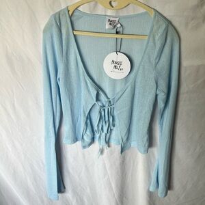 Princess Polly: Light Blue Barbarossa Ribbed Tie-Front Top- Bell Sleeve- 4